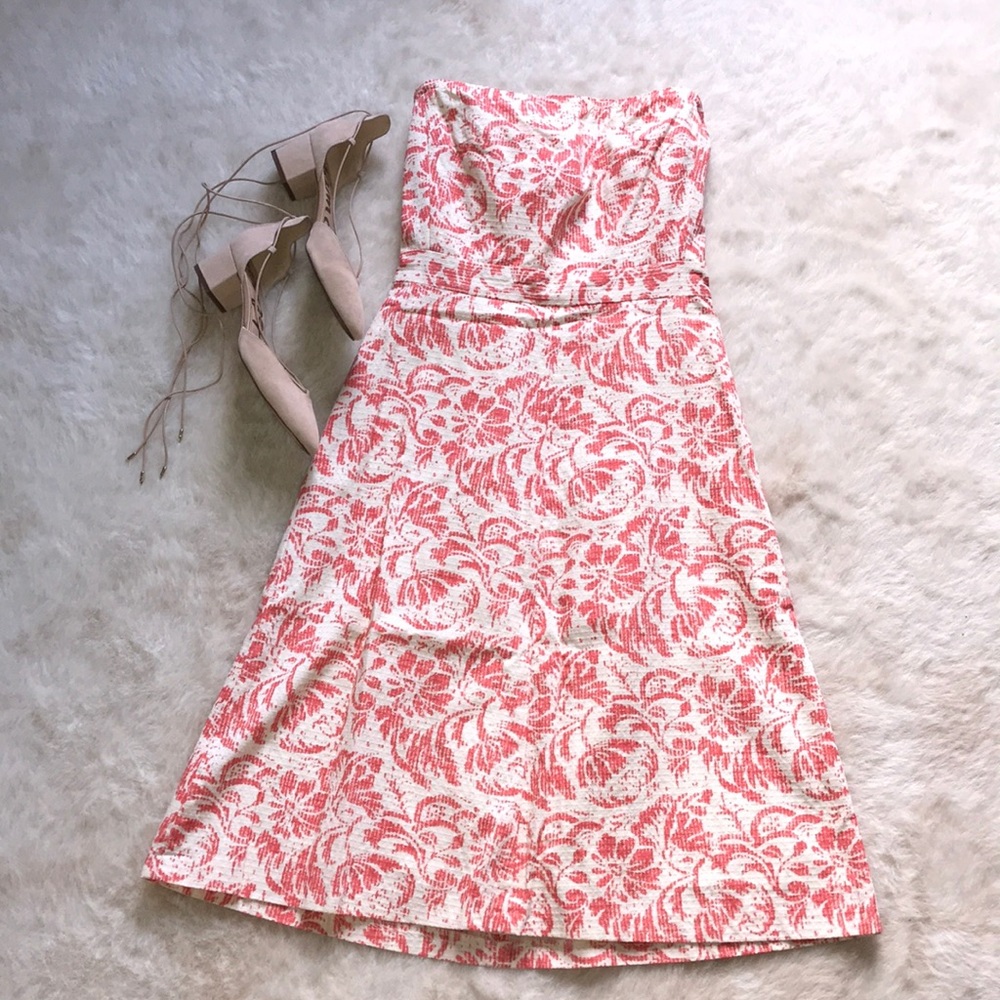 J Crew Ivory and Coral Print Strapless Midi Dress